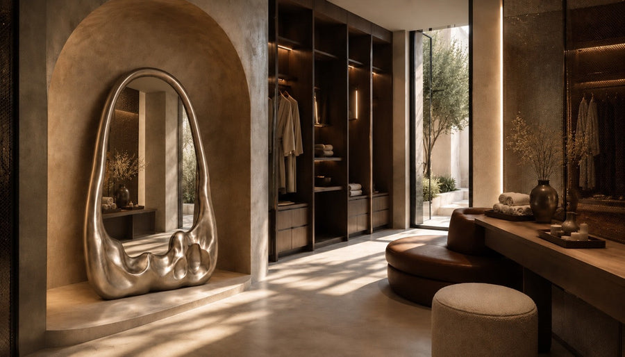 Lucidez — 110 × 200 cm tall standing mirror with a brushed stainless steel frame melting at the base, placed in a furnished room