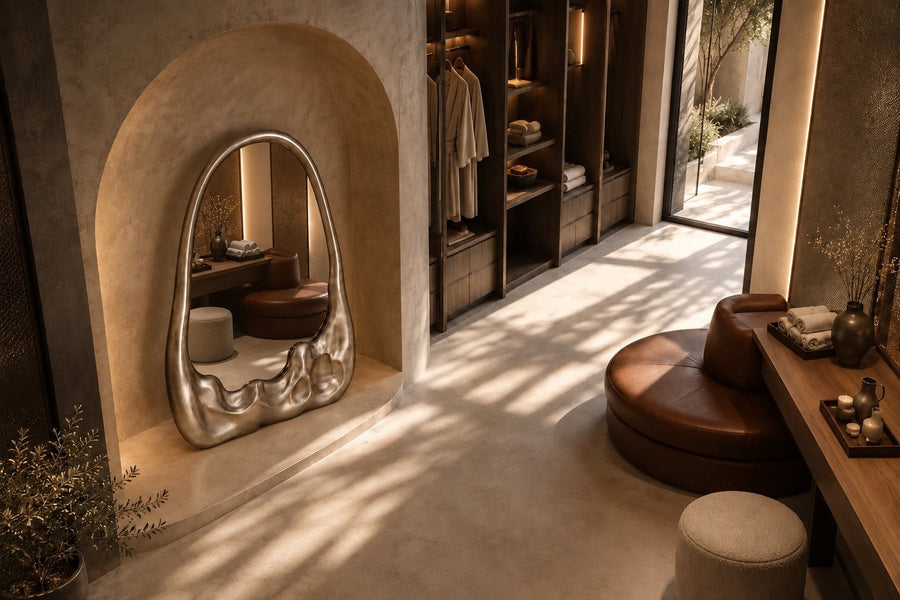 Lucidez — 110 × 200 cm tall standing mirror with a brushed stainless steel frame melting at the base, seen from above in the room