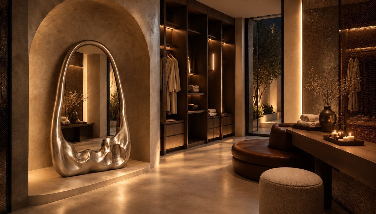 Lucidez — 110 × 200 cm tall standing mirror with a brushed stainless steel frame melting at the base, the same room at night, lamps on