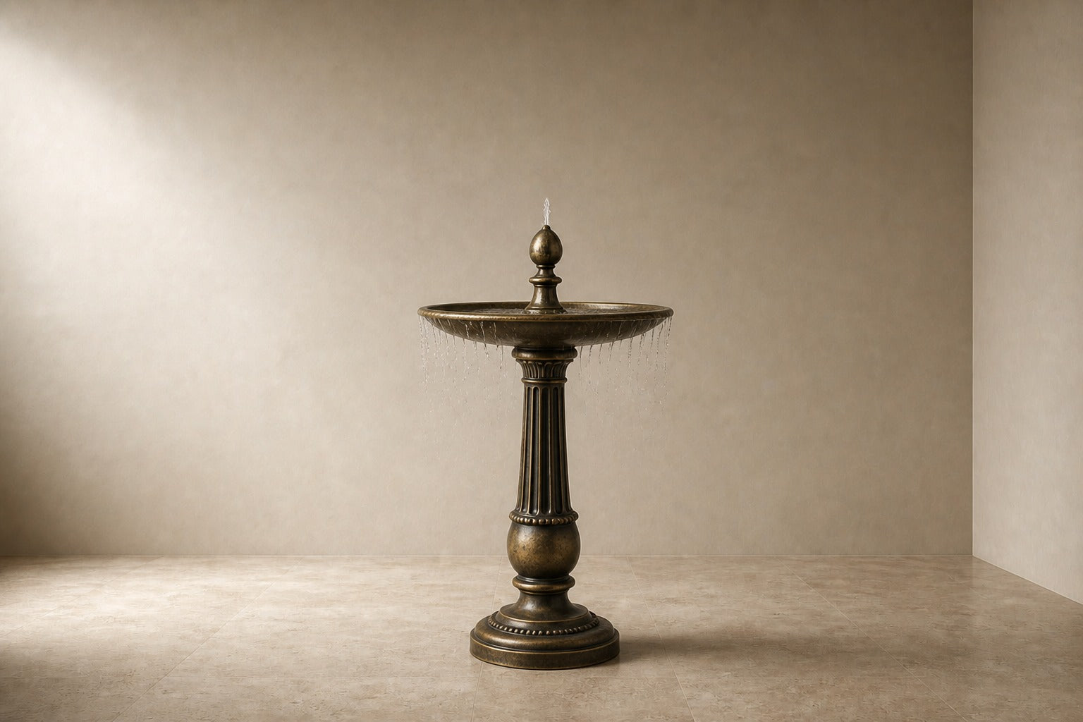 Stone pedestal fountain Lumara Ø65, antique bronze with olive depths, on a pale stone floor.