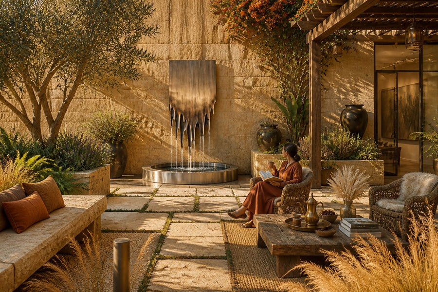 Lumen — melting stainless panel wall fountain, installed on the wall in a furnished setting