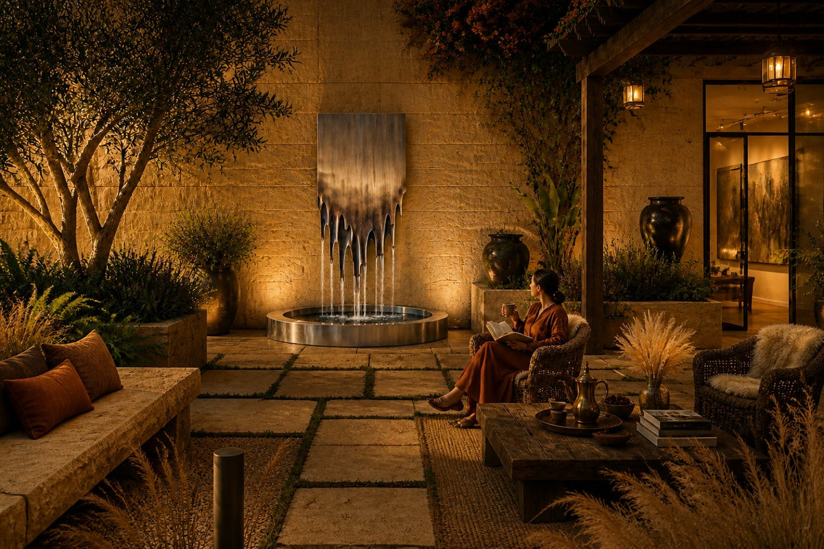 Lumen — melting stainless panel wall fountain, the same setting at night, water lit