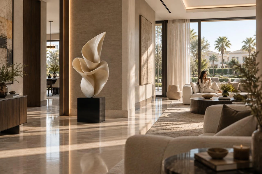 LUMEN VEIL stone sculpture, shown in a room setting, at full scale