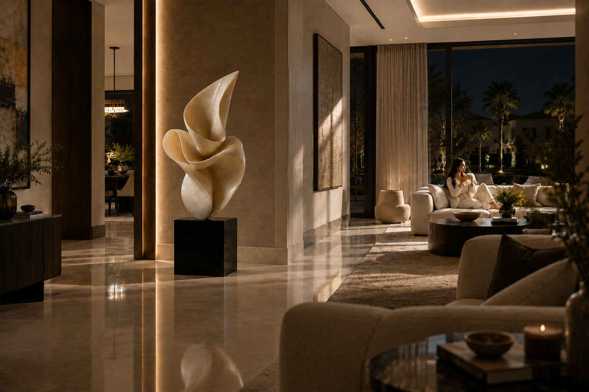 LUMEN VEIL stone sculpture, in a room setting under evening light