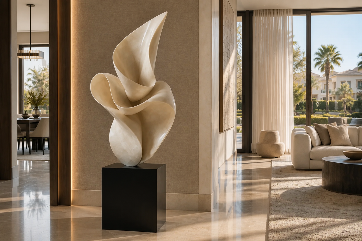 LUMEN VEIL stone sculpture, close view of the form in its setting