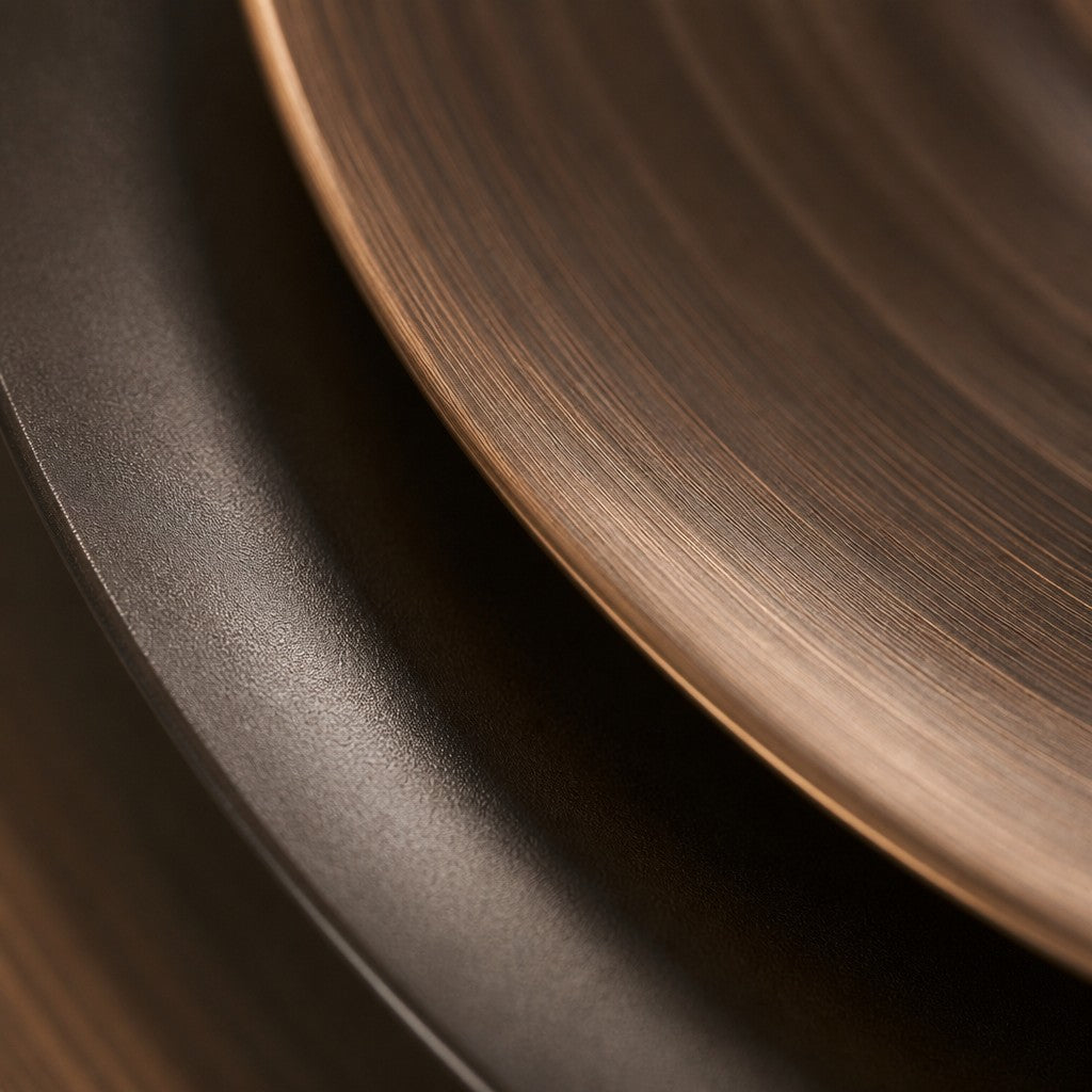 Madar — 110 × 110 cm round bronze wall sculpture of nested spun rings, close studio detail of the surface and material