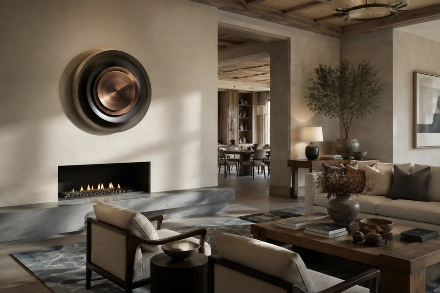 Madar — 110 × 110 cm round bronze wall sculpture of nested spun rings, placed in a furnished room