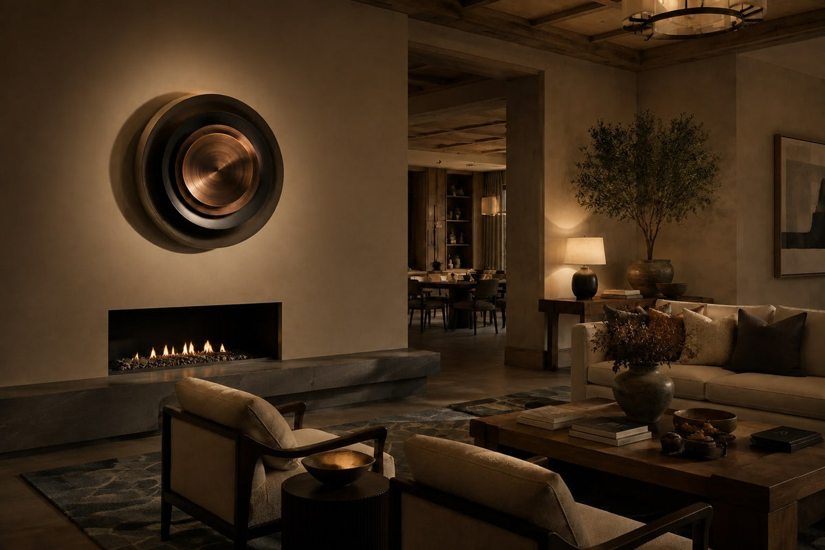 Madar — 110 × 110 cm round bronze wall sculpture of nested spun rings, the same room at night, lamps on