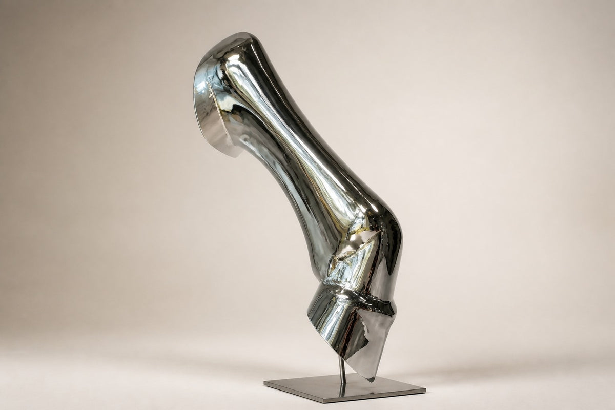 Magari — 140 cm mirror-polished steel sculpture of a bent, creased tube rising from a slim base, three-quarter studio view showing its profile