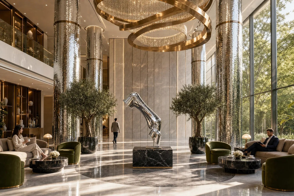 Magari — 140 cm mirror-polished steel sculpture of a bent, creased tube rising from a slim base, placed in a furnished room