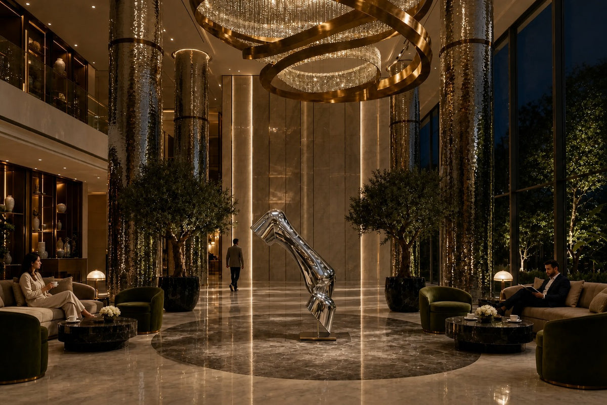 Magari — 140 cm mirror-polished steel sculpture of a bent, creased tube rising from a slim base, the same room at night, lamps on
