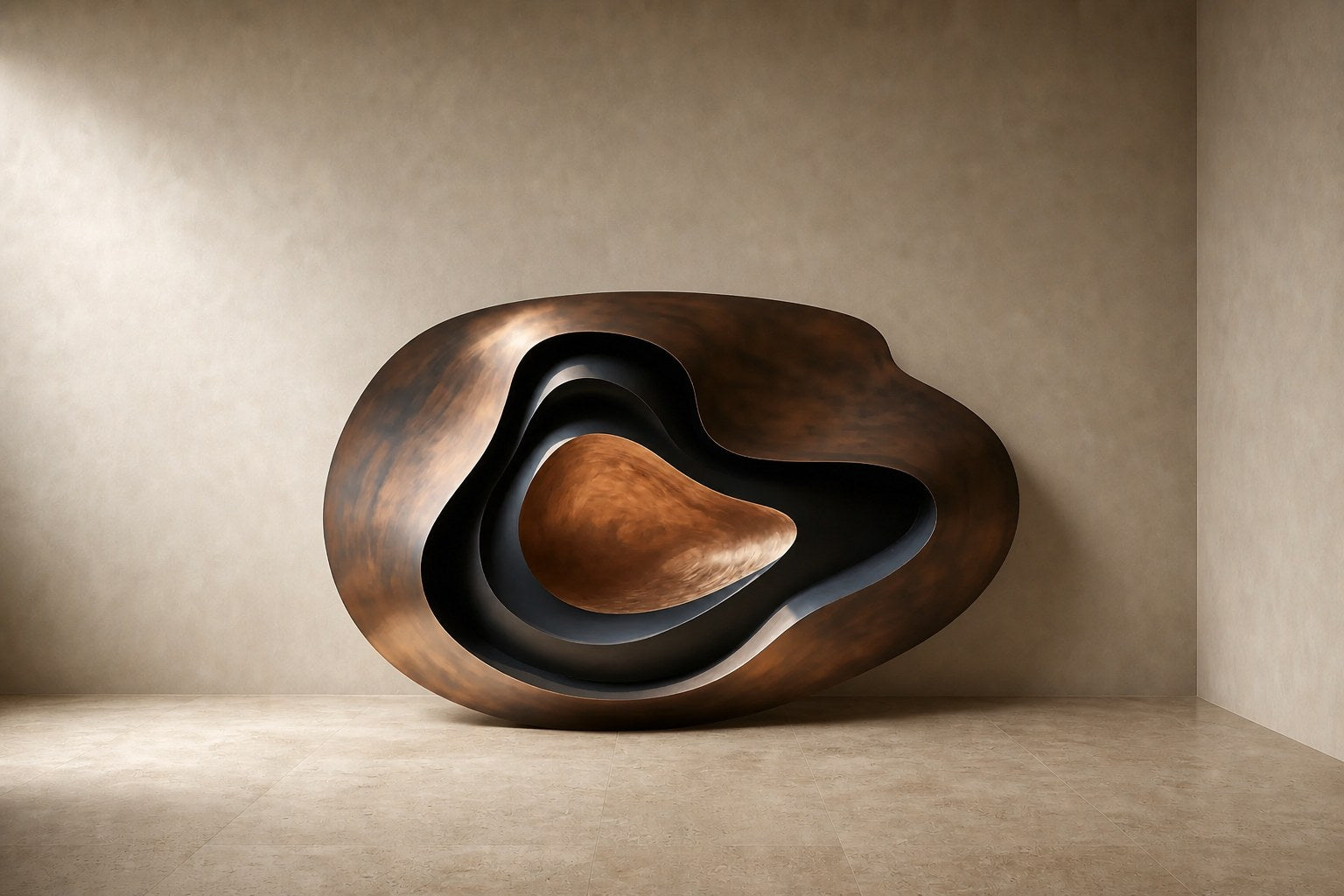 Nested ovoid bronze walls around a warm tan polished core, standing on a stone floor.