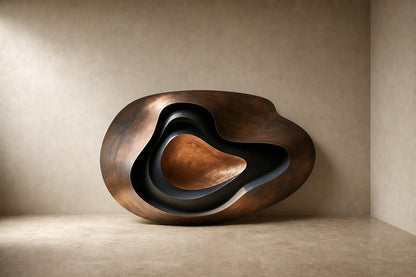 Nested ovoid bronze walls around a warm tan polished core, standing on a stone floor.