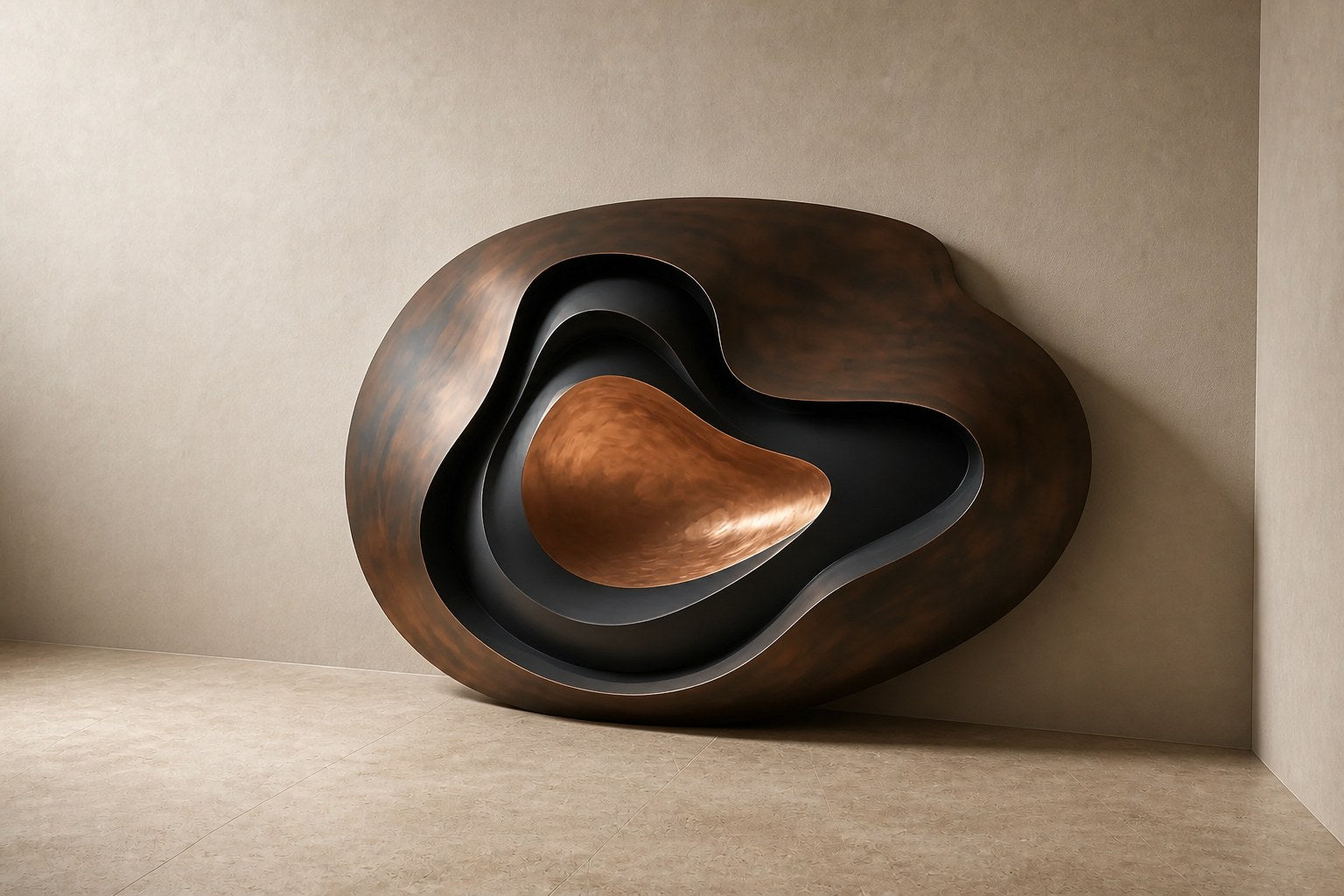 Nested ovoid bronze walls around a warm tan polished core, standing on a stone floor.
