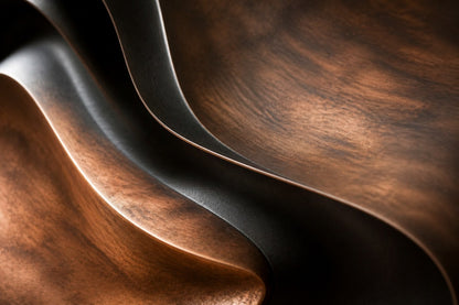 Nested ovoid bronze walls around a warm tan polished core, standing on a stone floor.