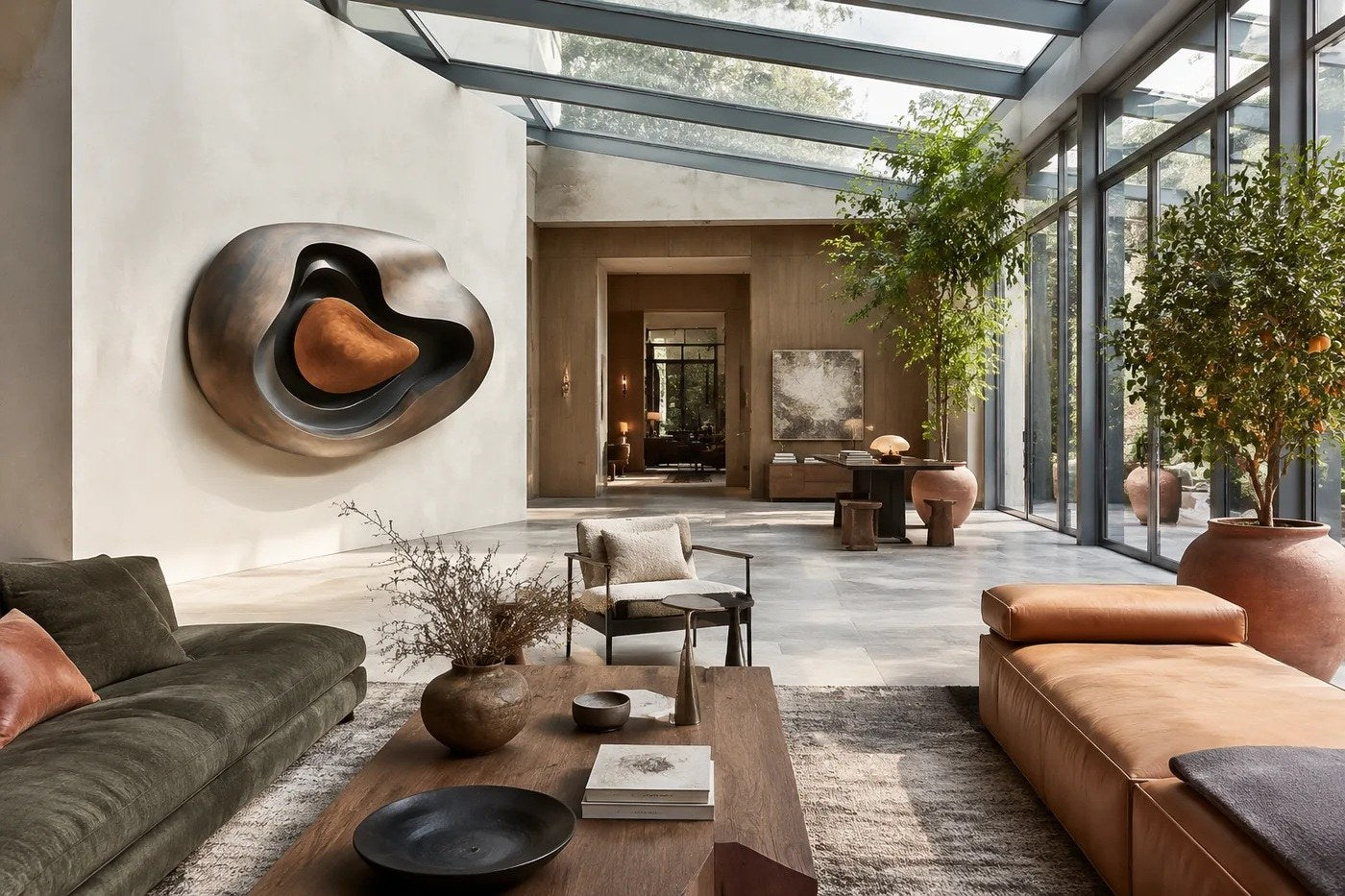 Nested ovoid bronze walls around a warm tan polished core, standing on a stone floor.
