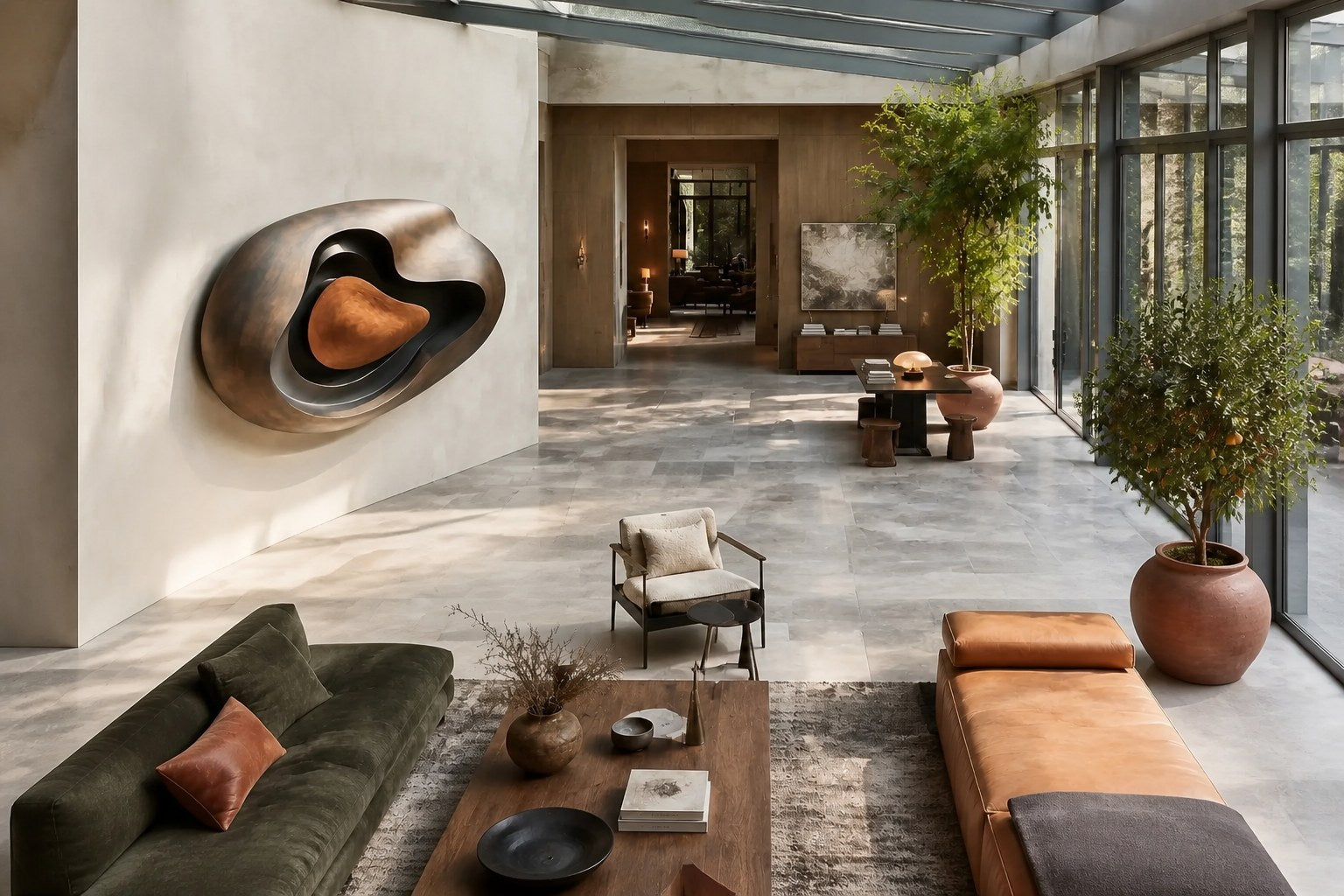 Nested ovoid bronze walls around a warm tan polished core, standing on a stone floor.
