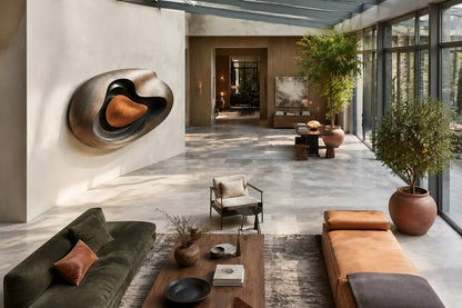 Nested ovoid bronze walls around a warm tan polished core, standing on a stone floor.
