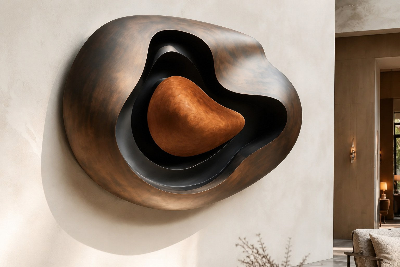 Nested ovoid bronze walls around a warm tan polished core, standing on a stone floor.