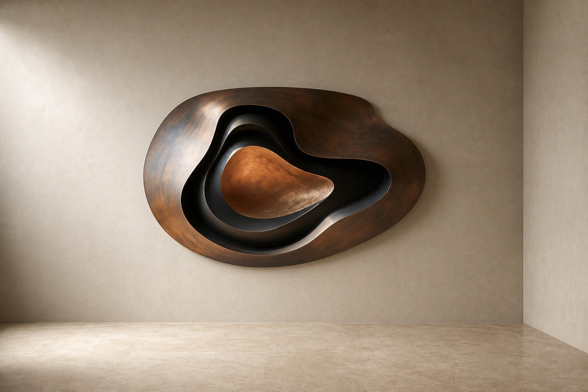 Mahara — 140 × 110 cm dark bronze wall sculpture of a layered shell with a glowing amber core, three-quarter studio view showing its profile