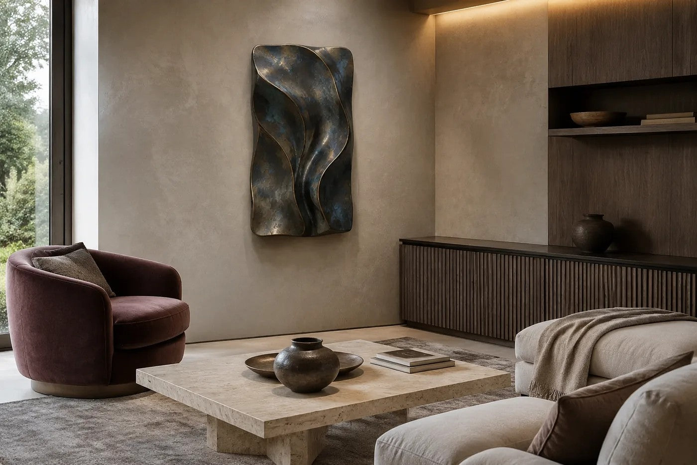 Antique bronze bronze wall sculpture Cuna, nested open ovals cradling a polished core, on a plaster wall.
