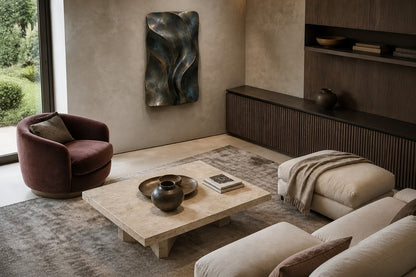 Antique bronze bronze wall sculpture Cuna, nested open ovals cradling a polished core, on a plaster wall.