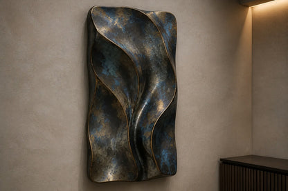 Antique bronze bronze wall sculpture Cuna, nested open ovals cradling a polished core, on a plaster wall.