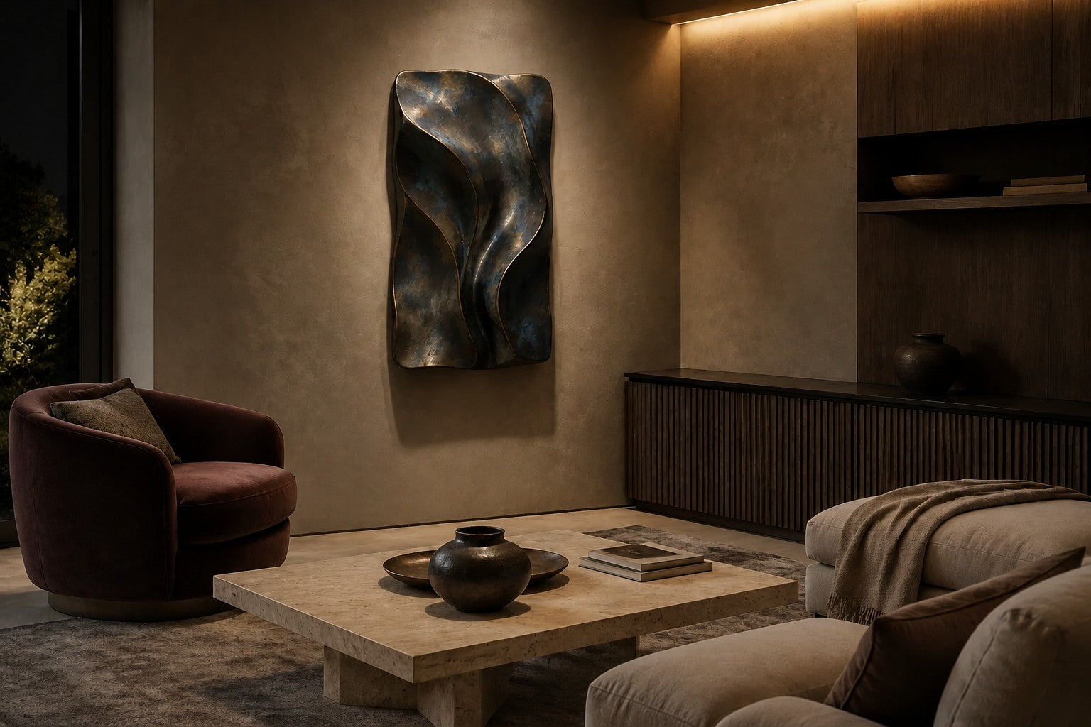 Antique bronze bronze wall sculpture Cuna, nested open ovals cradling a polished core, on a plaster wall.