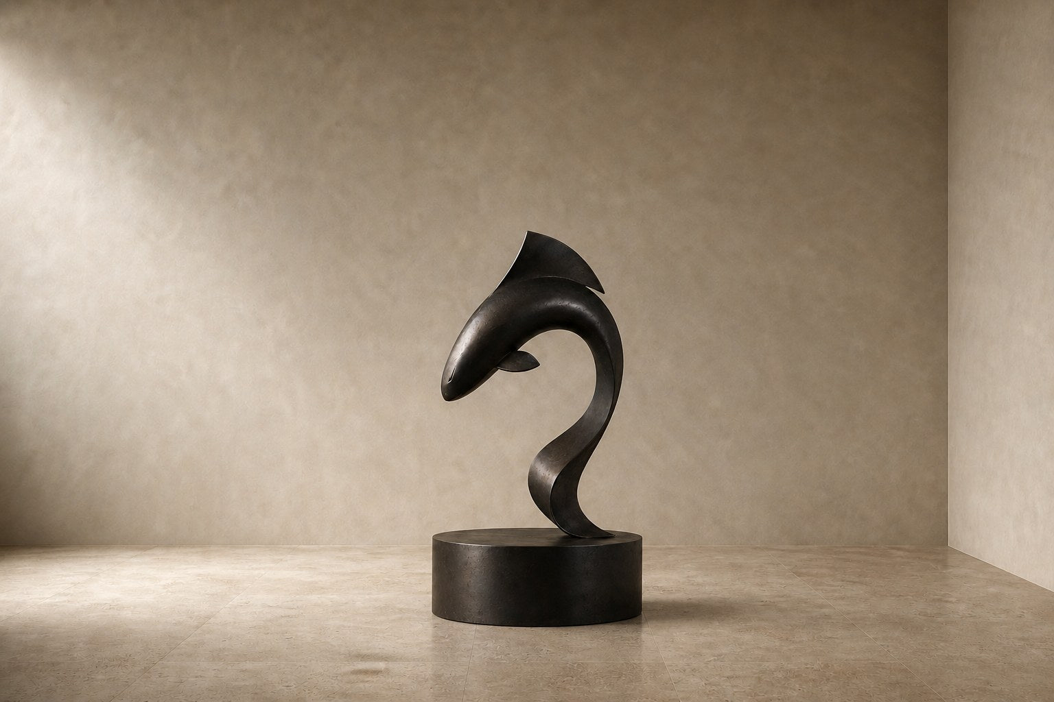 Dark patinated bronze sculpture Manglar, a form curved into a deep S rising from an integral bronze drum base.