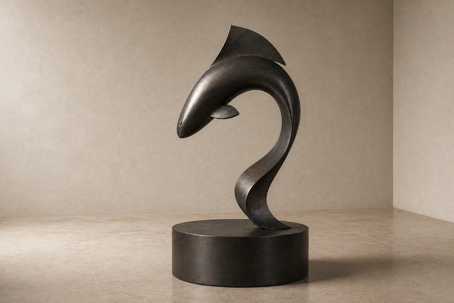 Dark patinated bronze sculpture Manglar, a form curved into a deep S rising from an integral bronze drum base.