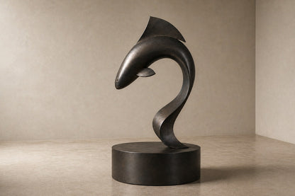 Dark patinated bronze sculpture Manglar, a form curved into a deep S rising from an integral bronze drum base.