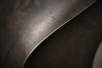 Dark patinated bronze sculpture Manglar, a form curved into a deep S rising from an integral bronze drum base.