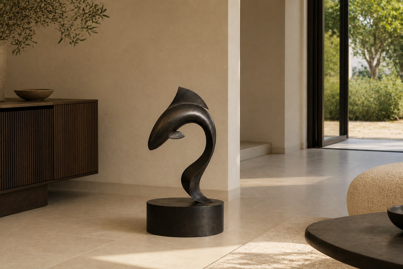 Dark patinated bronze sculpture Manglar, a form curved into a deep S rising from an integral bronze drum base.