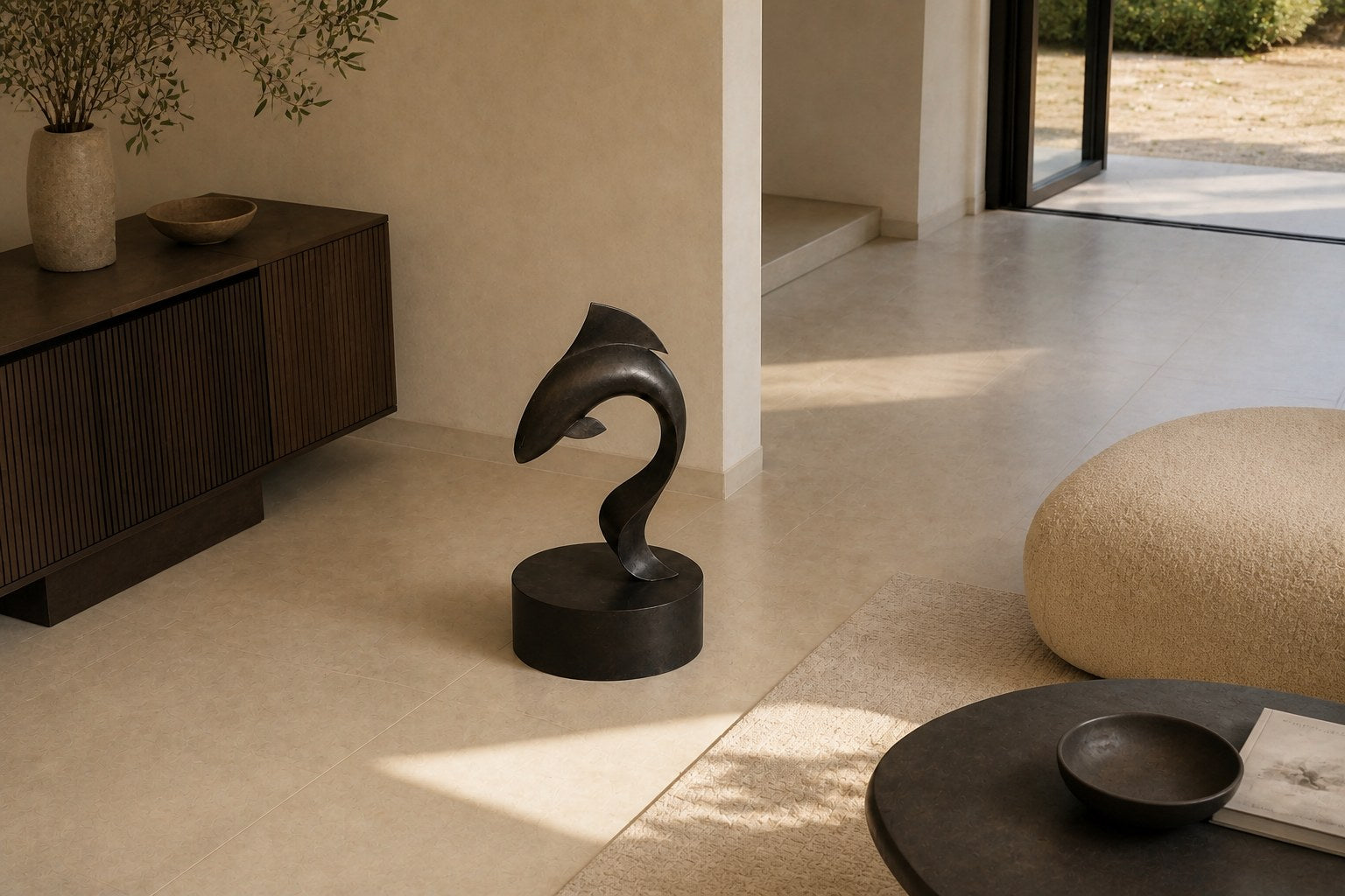 Dark patinated bronze sculpture Manglar, a form curved into a deep S rising from an integral bronze drum base.