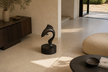 Dark patinated bronze sculpture Manglar, a form curved into a deep S rising from an integral bronze drum base.