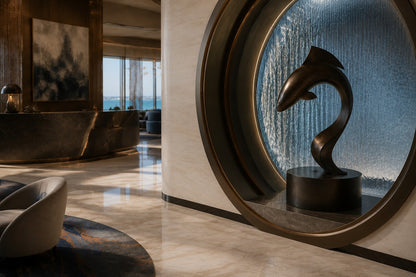 Dark patinated bronze sculpture Manglar, a form curved into a deep S rising from an integral bronze drum base.