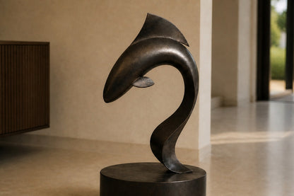 Dark patinated bronze sculpture Manglar, a form curved into a deep S rising from an integral bronze drum base.