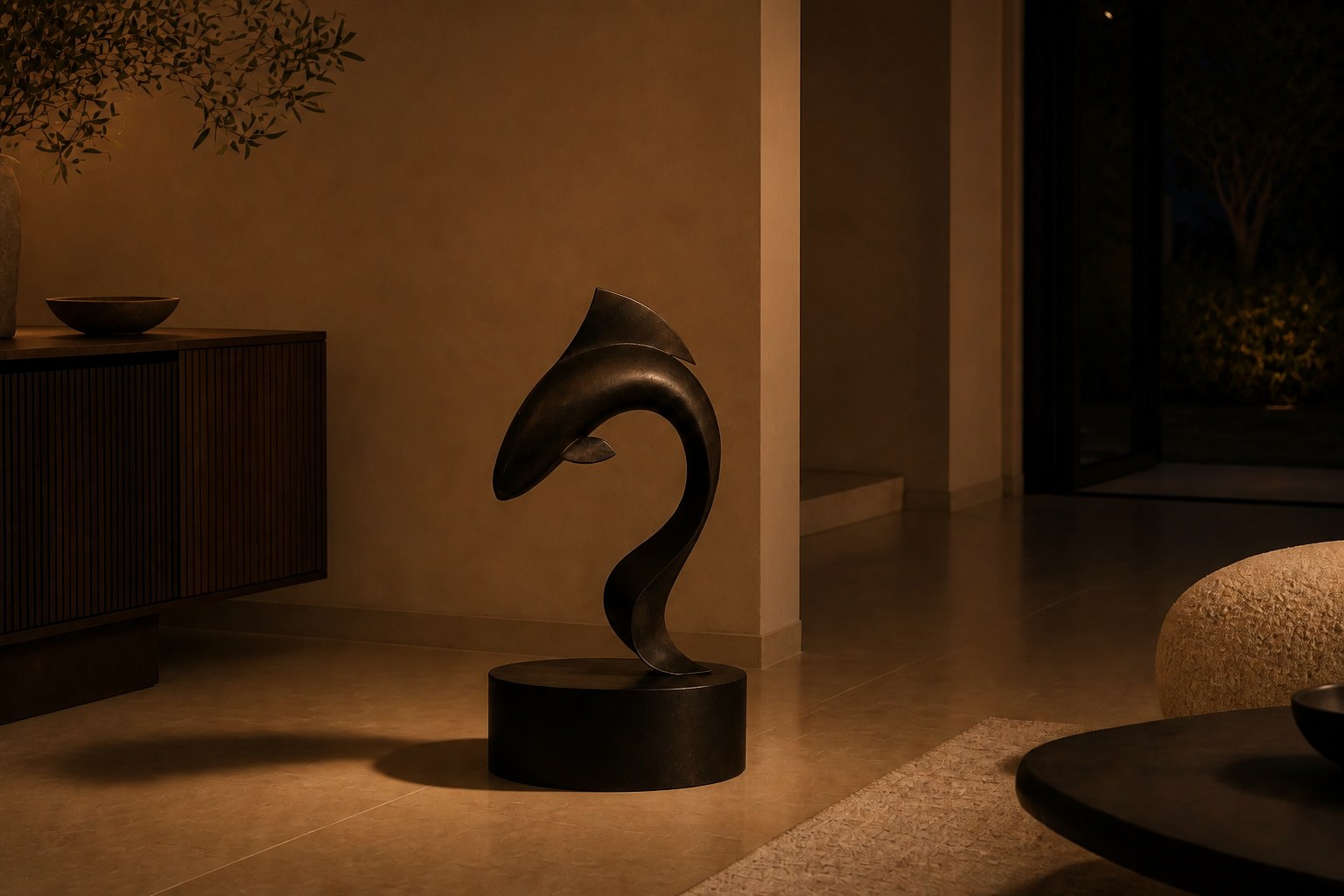 Dark patinated bronze sculpture Manglar, a form curved into a deep S rising from an integral bronze drum base.