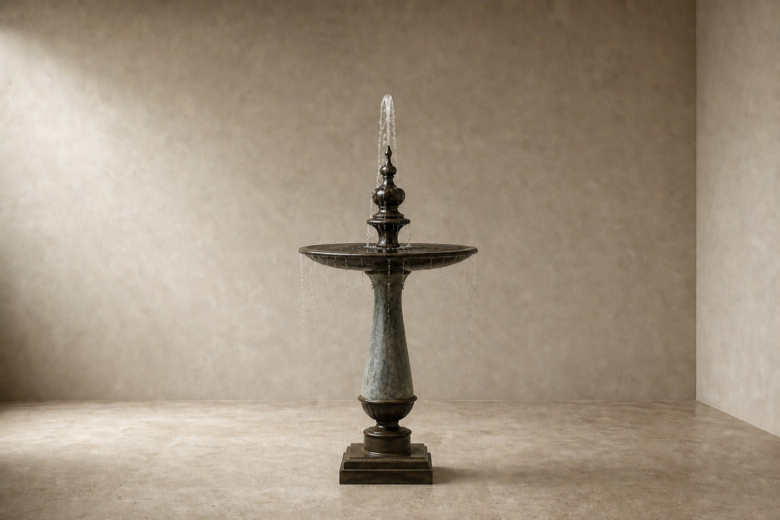 Pale limestone pedestal fountain Marena Ø65, dark bronze with a pale verdigris stem, on a pale stone floor.