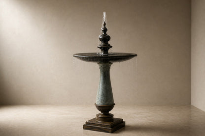 Pale limestone pedestal fountain Marena Ø65, dark bronze with a pale verdigris stem, on a pale stone floor.
