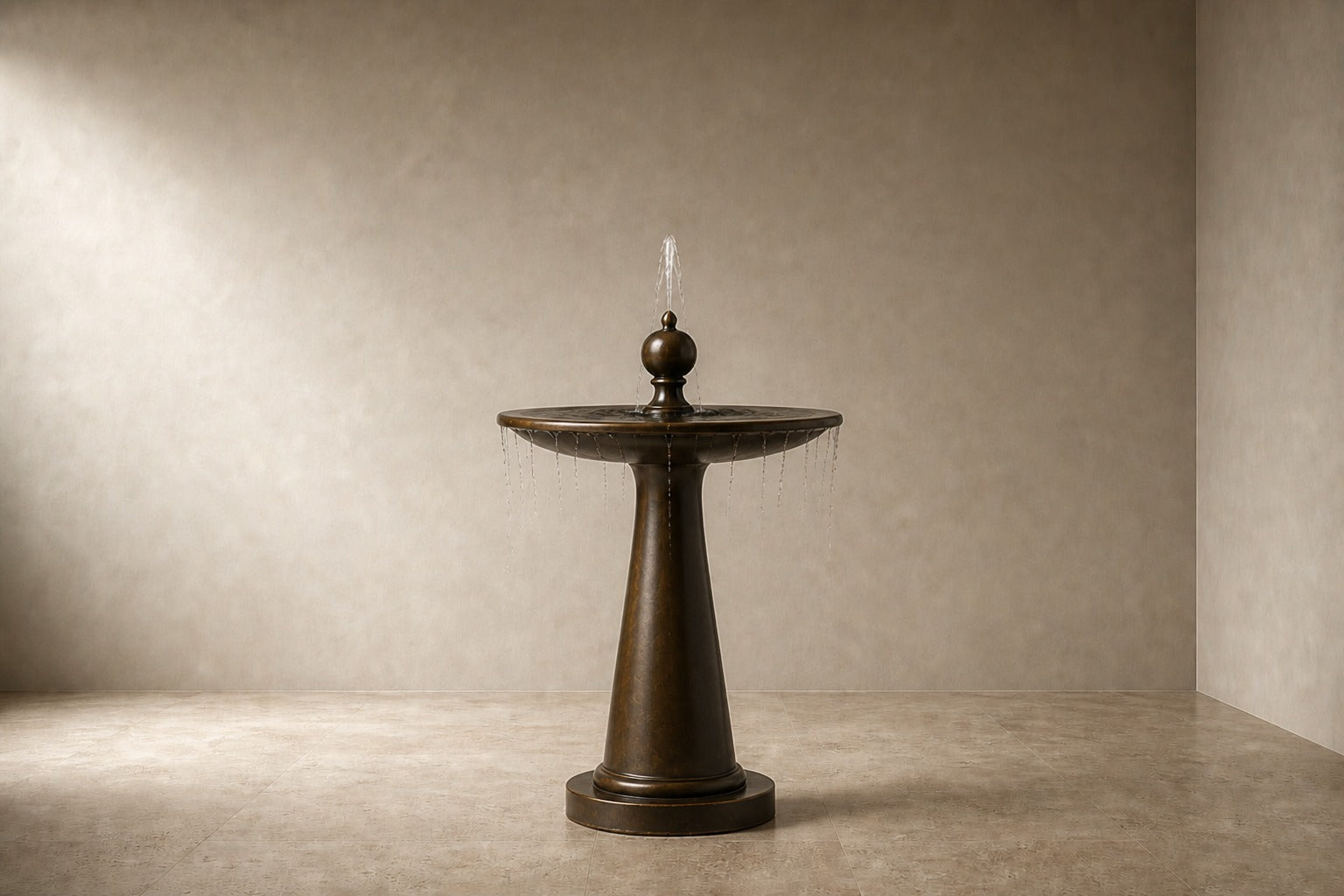 Stone pedestal fountain Mawjan Ø65, warm mid-bronze, on a pale stone floor.
