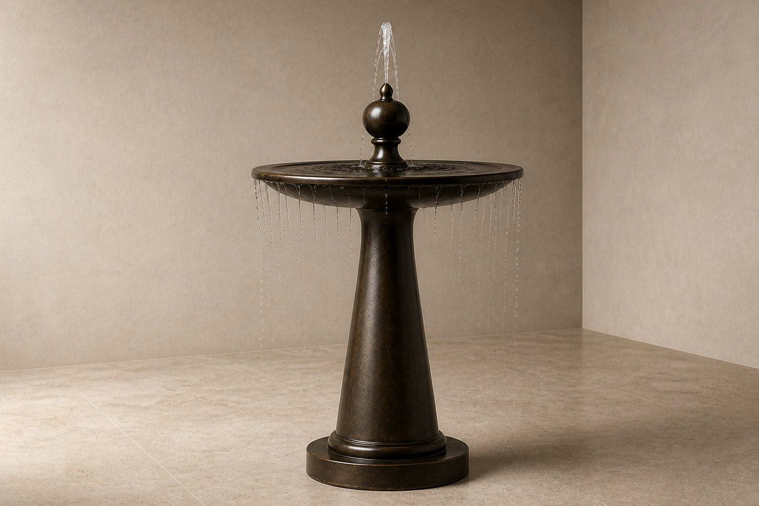 Stone pedestal fountain Mawjan Ø65, warm mid-bronze, on a pale stone floor.