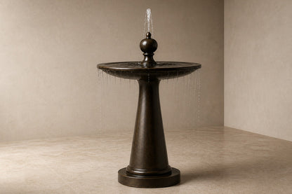 Mawjan Ø65 stone pedestal fountain, three-quarter studio view showing its profile and base