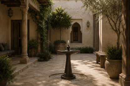 Mawjan Ø65 stone pedestal fountain, installed in a sunlit courtyard, seen across the terrace