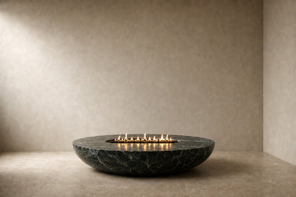 Dark green-black marble fire bowl Mayura Ø180, dark green-black with white veining, on a pale stone floor.