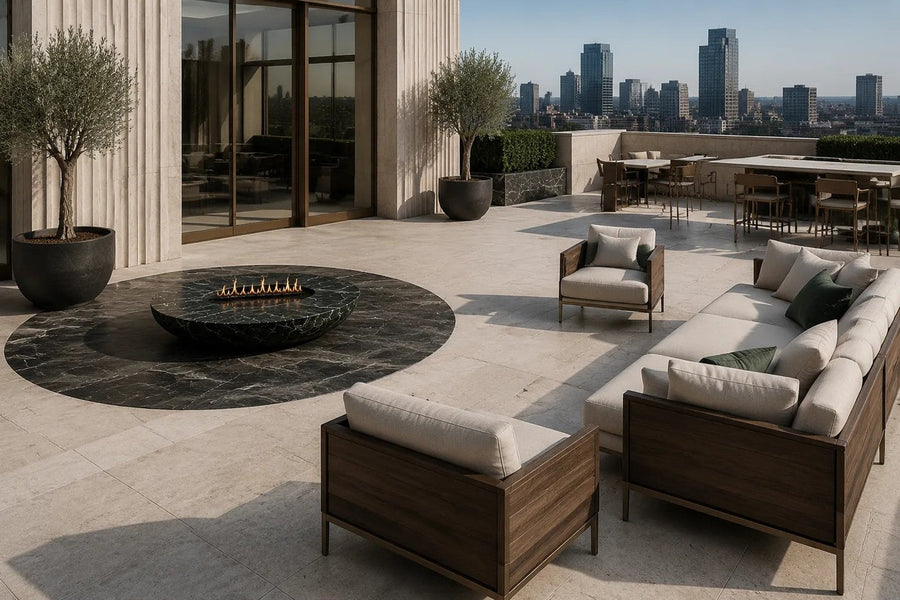 Mayura Ø180 marble fireplace, shown in a room setting, at full scale