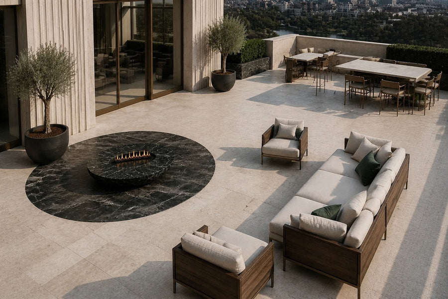 Mayura Ø180 marble fireplace, overhead view in a room setting