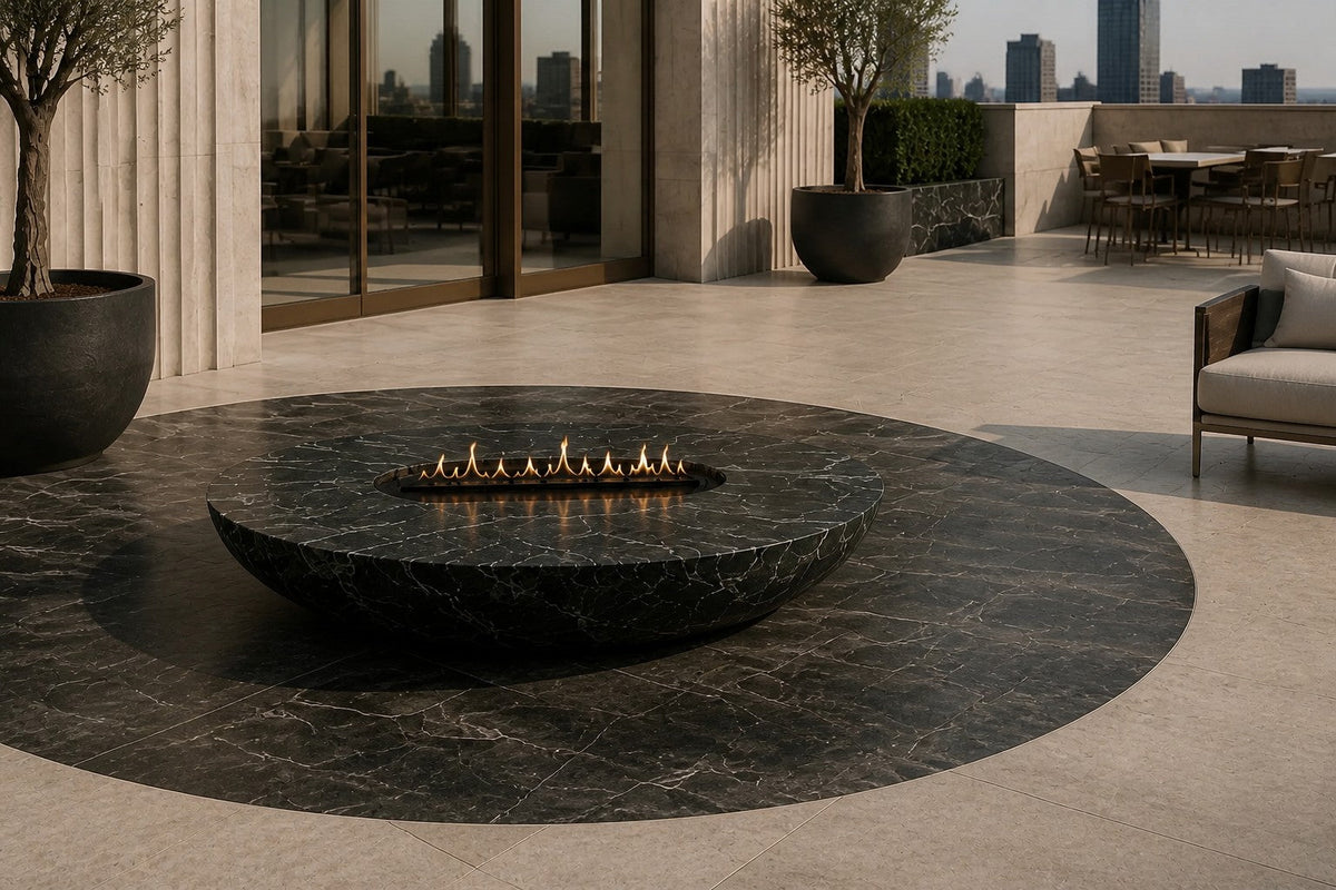 Mayura Ø180 marble fireplace, close view of the form in its setting