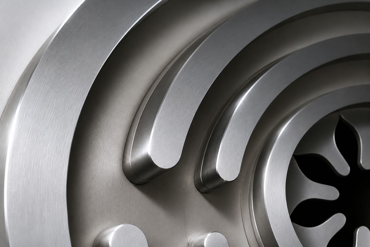 Meandro — Ø 200 cm brushed stainless steel circular wall relief with a labyrinth of arcs, close detail of the surface and edge