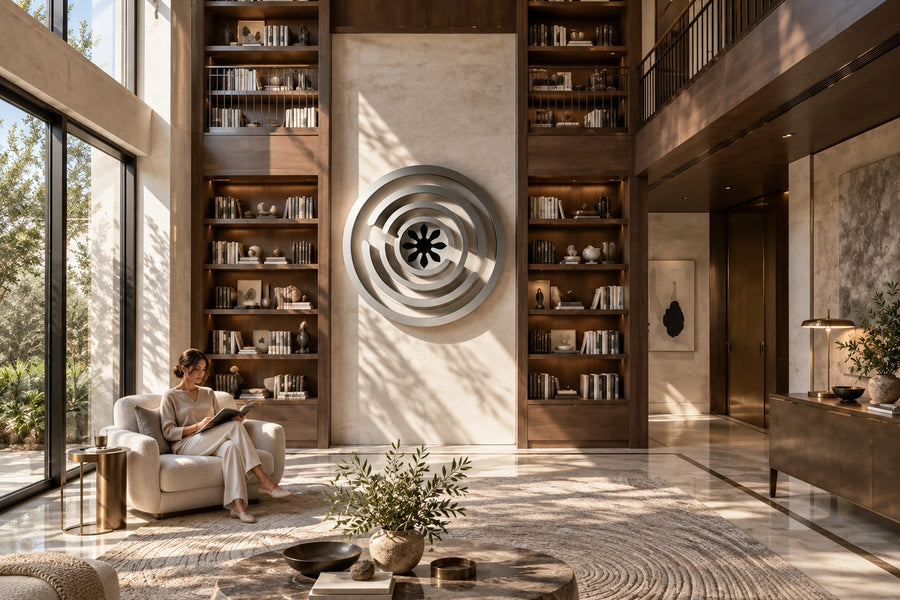 Meandro — Ø 200 cm brushed stainless steel circular wall relief with a labyrinth of arcs, installed on the wall of a furnished room